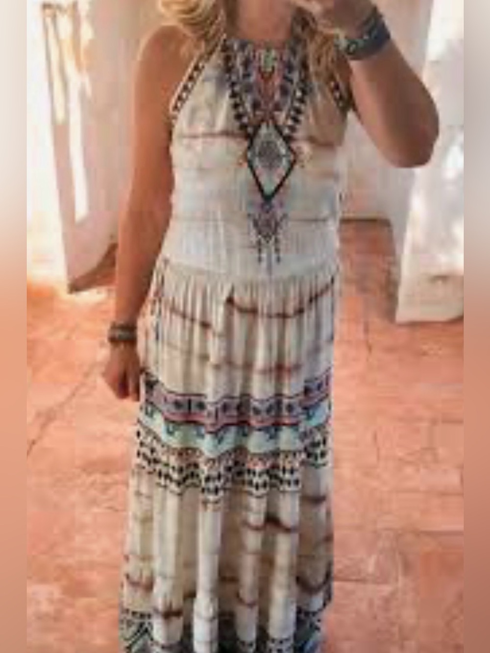 Hale Bob Cream Boho Halter Maxi with Multicolor Tribal Accents